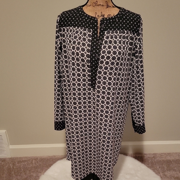 LOFT Black and White Long Sleeve Dress with Mandarin Collar - Picture 1 of 4